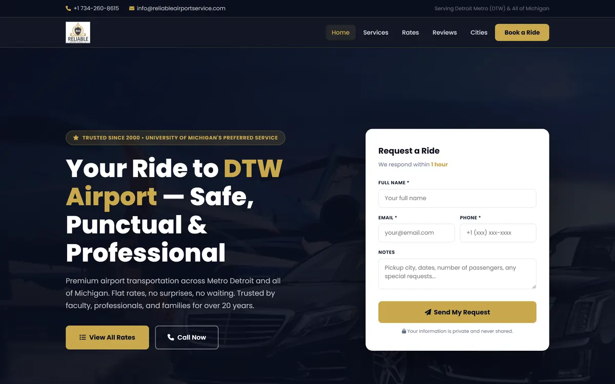 reliableairportservice.com homepage