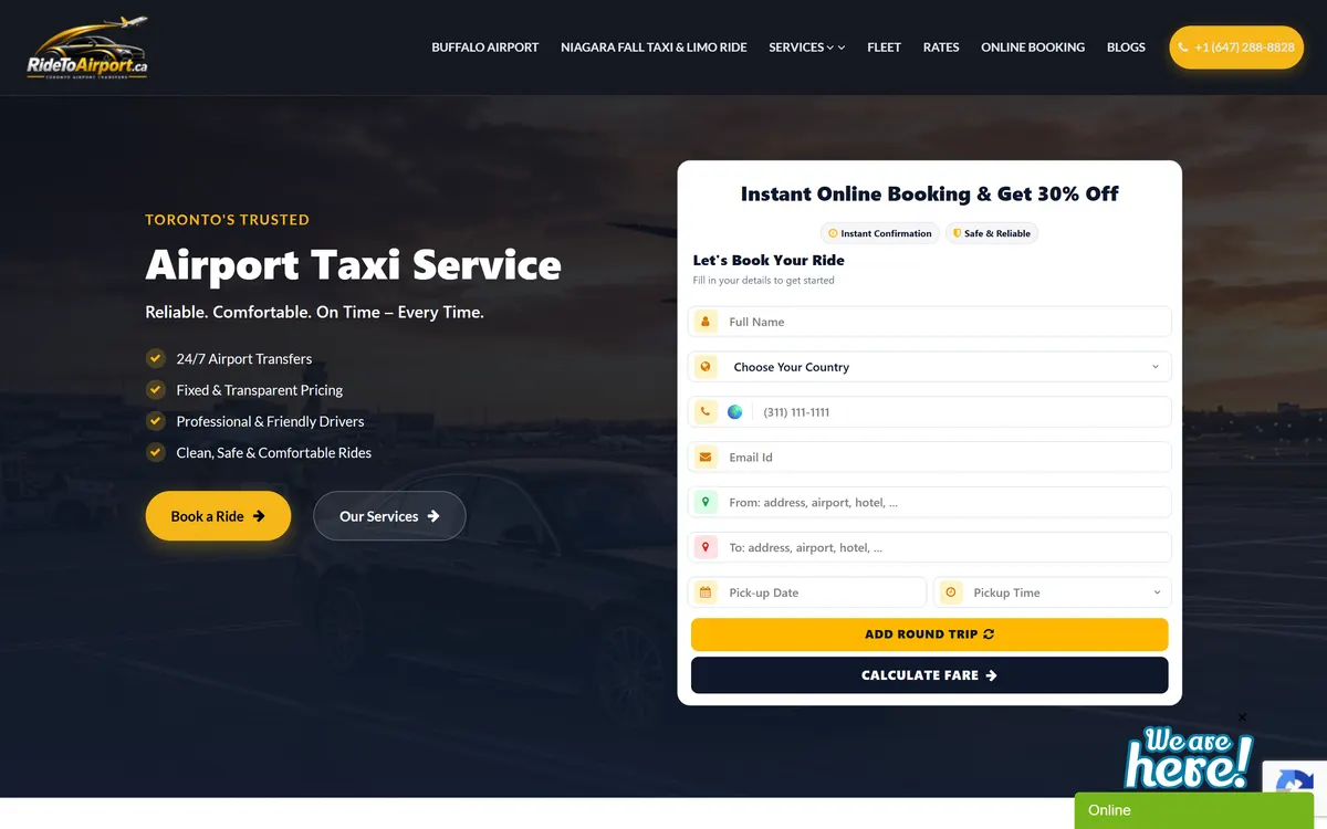 ridetoairport.ca homepage